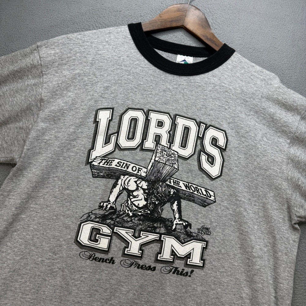VTG Lords Gym Ringer T-Shirt Mens L Gray Cotton Jesus Tee Made in USA Augusta